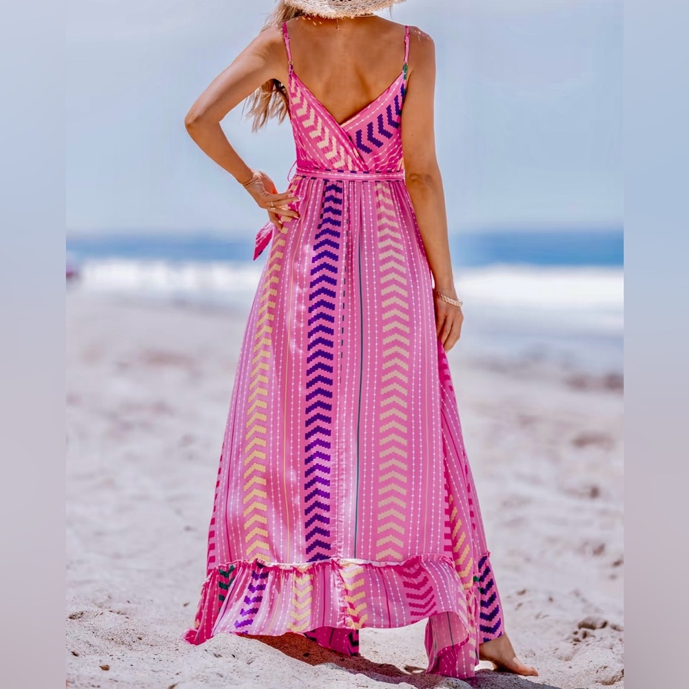 Cupshe Vibrant Pink Sleeveless Chevron Print Maxi Dress w/Pockets - Picture 4 of 14